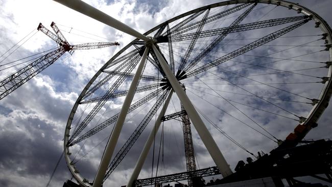 The final rim piece is added to the 55-story High Roller Ferris wheel under construction near the Las Vegas Strip. Picture: AP
