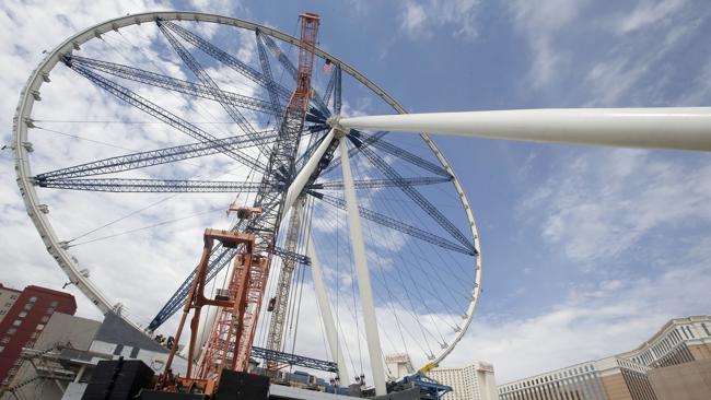 The final rim piece is added to the 55-story High Roller Ferris wheel under construction near the Las Vegas Strip. Picture: AP